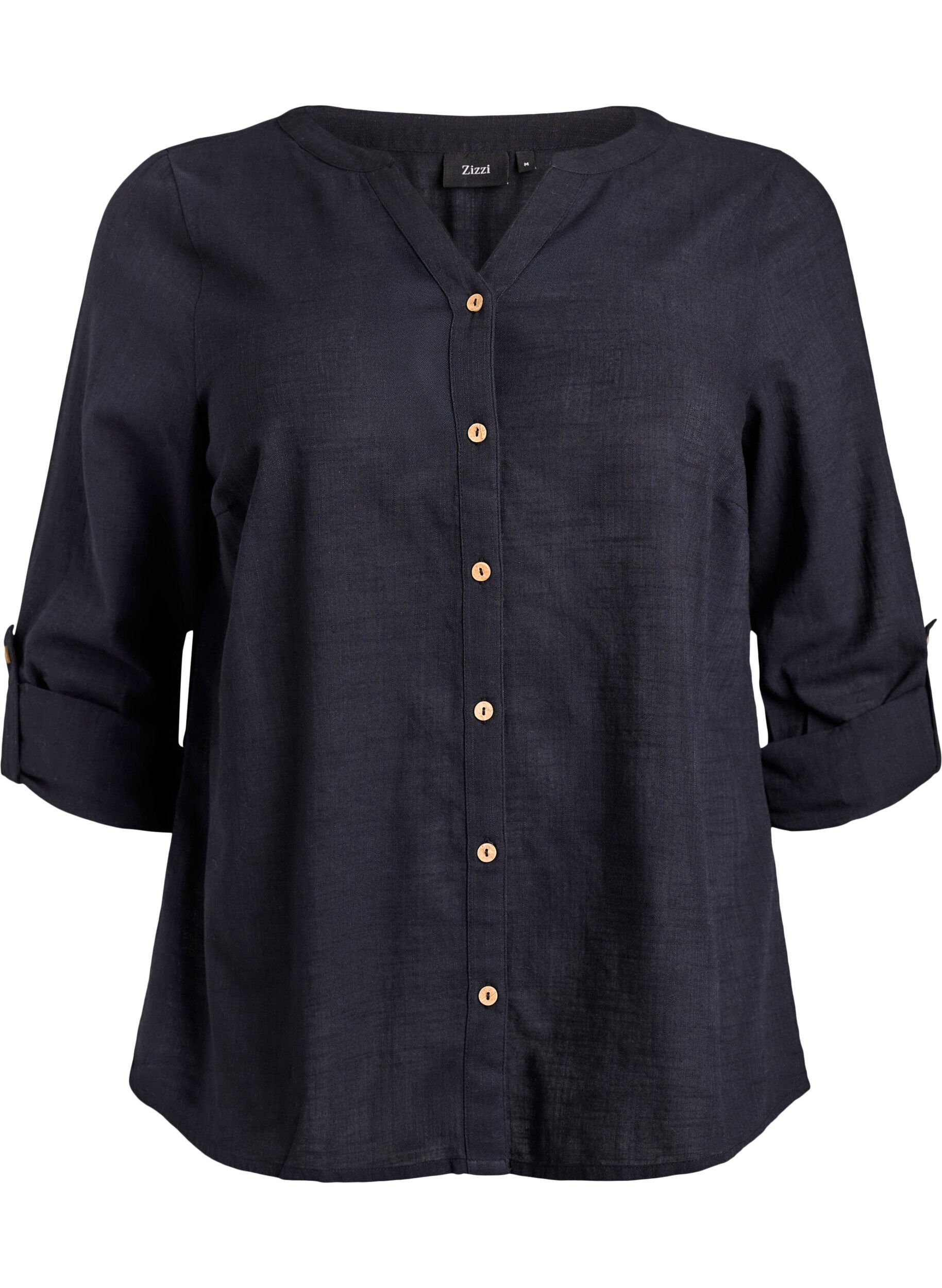 ZizziSkjortblus i bomull med v-ringning, Svart, Packshot image number 0