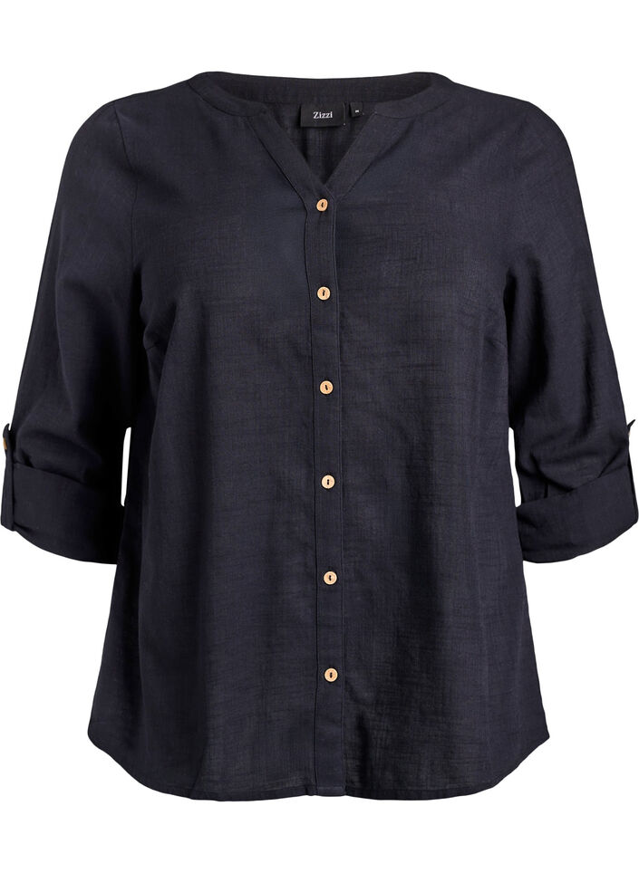 Skjortblus i bomull med v-ringning, Svart, Packshot image number 0