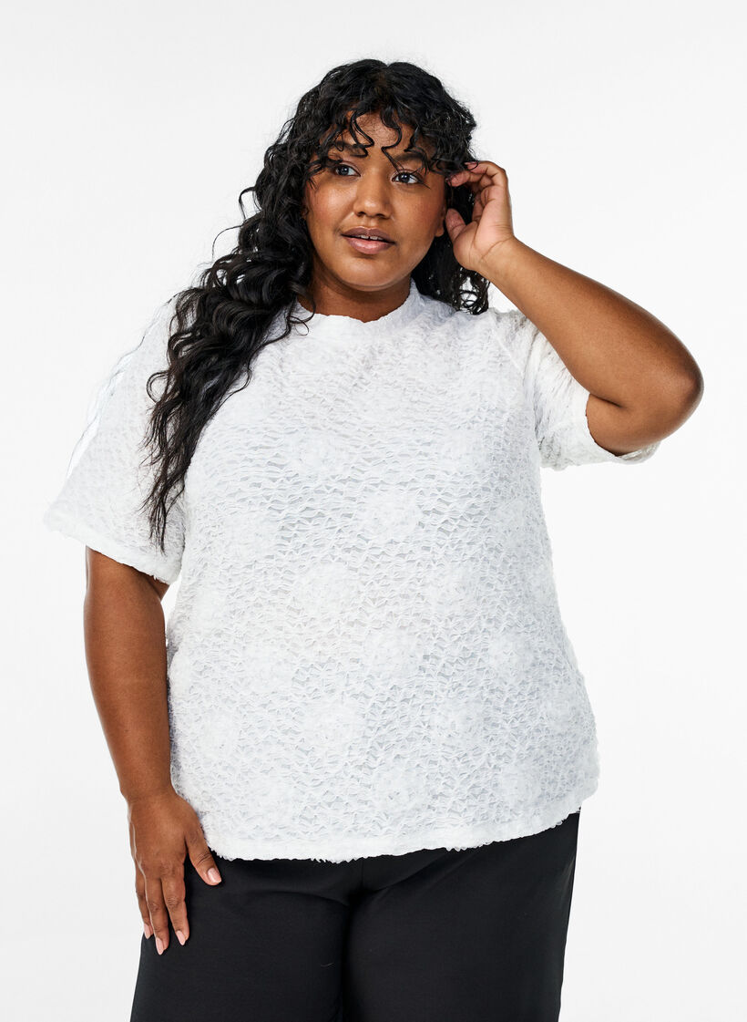 Blus med 3D-blommor och korta ärmar, Vit, Model image number 0