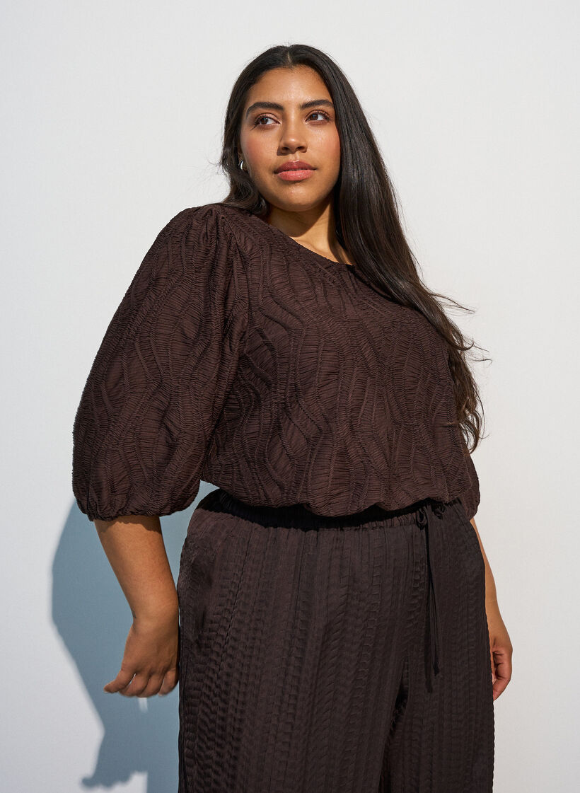 Blus med struktur och 3/4-&auml;rmar, Brun, Model image number 0