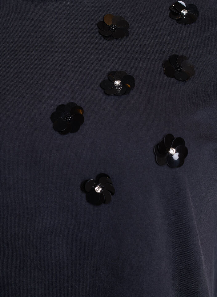 Tvättad T-shirt med paljettblommor, Grå, Packshot image number 2