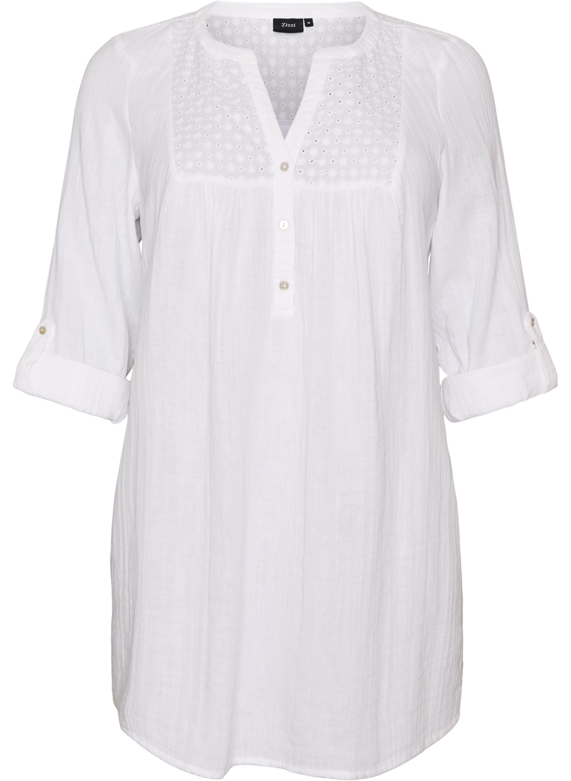 ZizziTunika i bomullsmuslin med broderie anglaise, Vit, Packshot image number 0