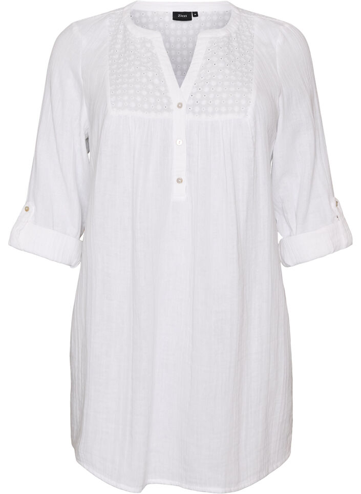 Tunika i bomullsmuslin med broderie anglaise, Vit, Packshot image number 0