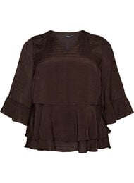 Blus med 3/4-&auml;rmar och volangdetaljer, Brun
