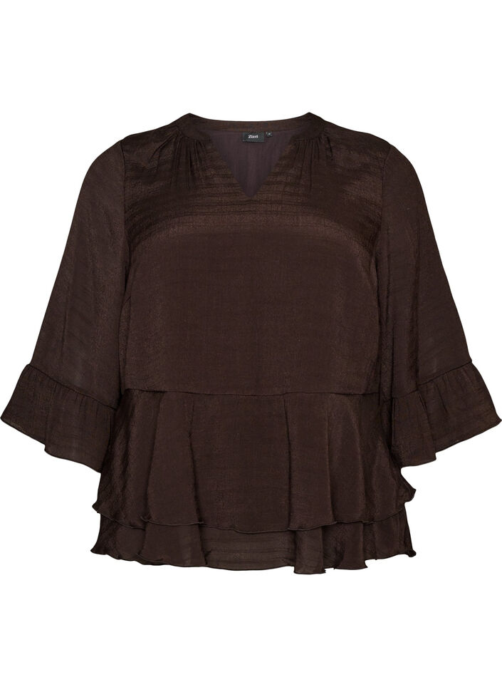 Blus med 3/4-&auml;rmar och volangdetaljer, Brun, Packshot image number 0