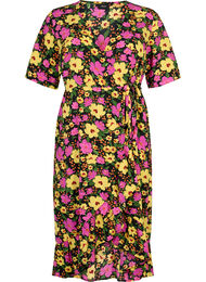 Tryckt omlottklänning med korta ärmar, Yellow Pink Flower