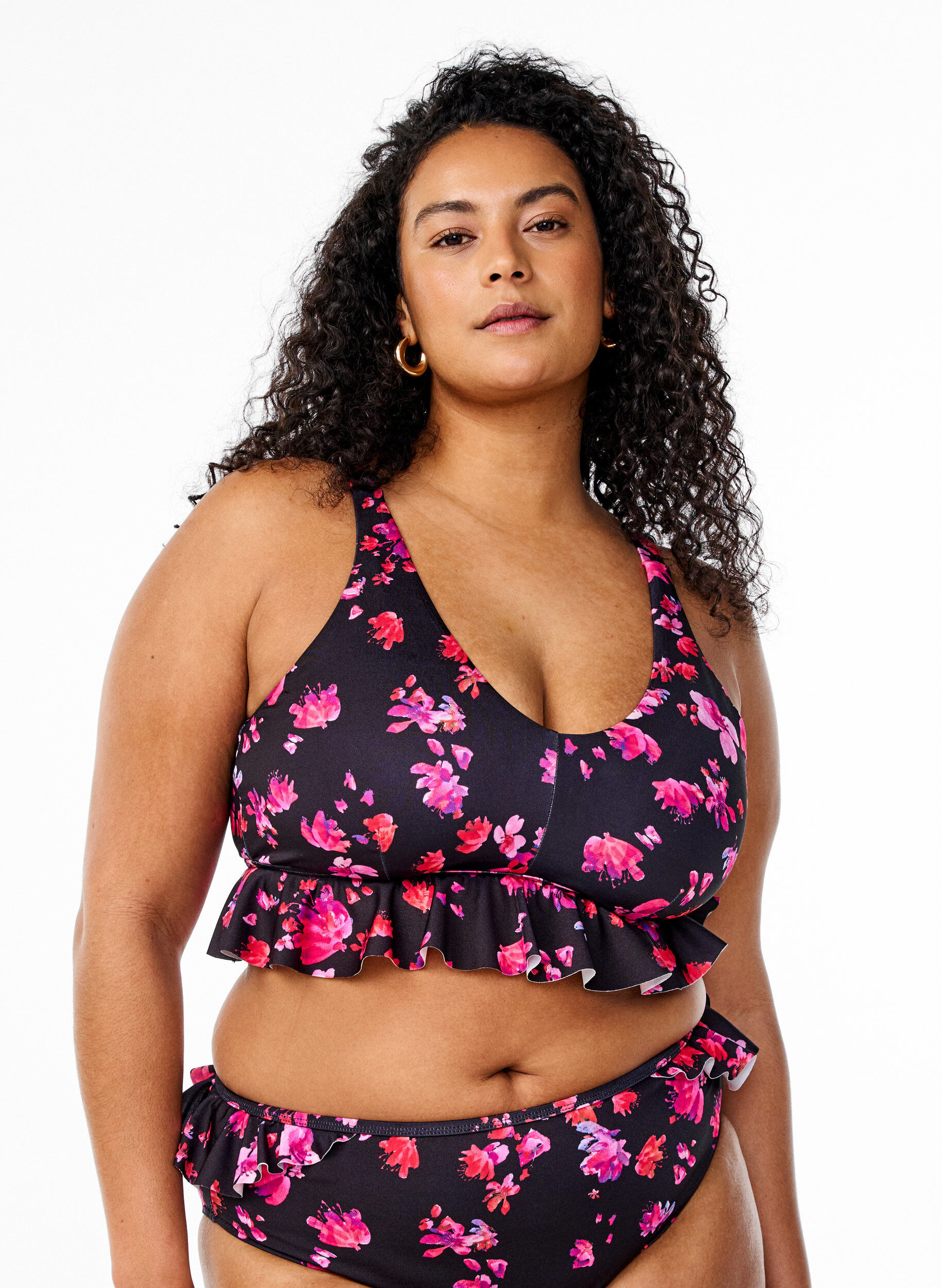 Zizzi Bikinitopp med blommigt m&ouml;nster och volangkant, Rosa, Model image number 0