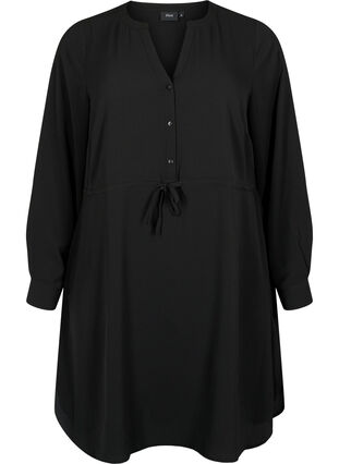 Mönstrad klänning med dragsko i midjan, Black, Packshot image number 0