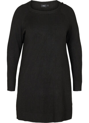 Långärmad stickad klänning med rund hals, Black, Packshot image number 0