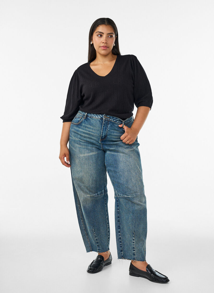 Kort&auml;rmad stickad blus med pointellem&ouml;nster, Svart, Model image number 1