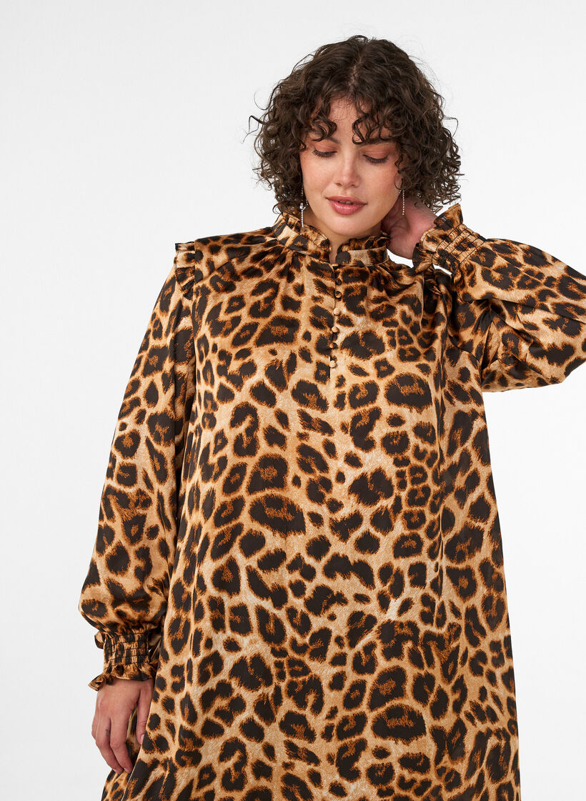 Kl&auml;nning med leopardm&ouml;nster och volangdetaljer, Brun, Model image number 2