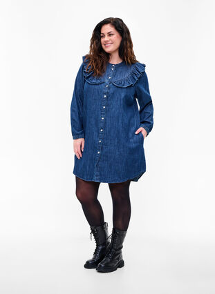Jeansklänning med dekorativa knappar och volanger, Dark blue denim, Model image number 2