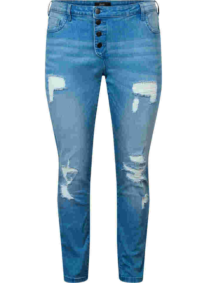 Emily jeans med slitningar och normal midjehöjd, Blue denim, Packshot image number 0