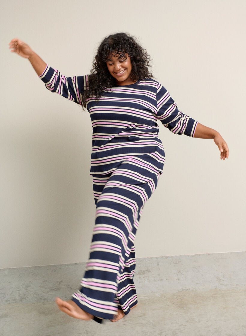 L&aring;ng&auml;rmad natt-topp i ribbad trik&aring; med r&auml;nder, Bl&aring;, Image image number 0