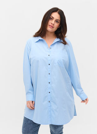 Lång bomullsskjorta med krage och knappar, Chambray Blue, Model image number 1