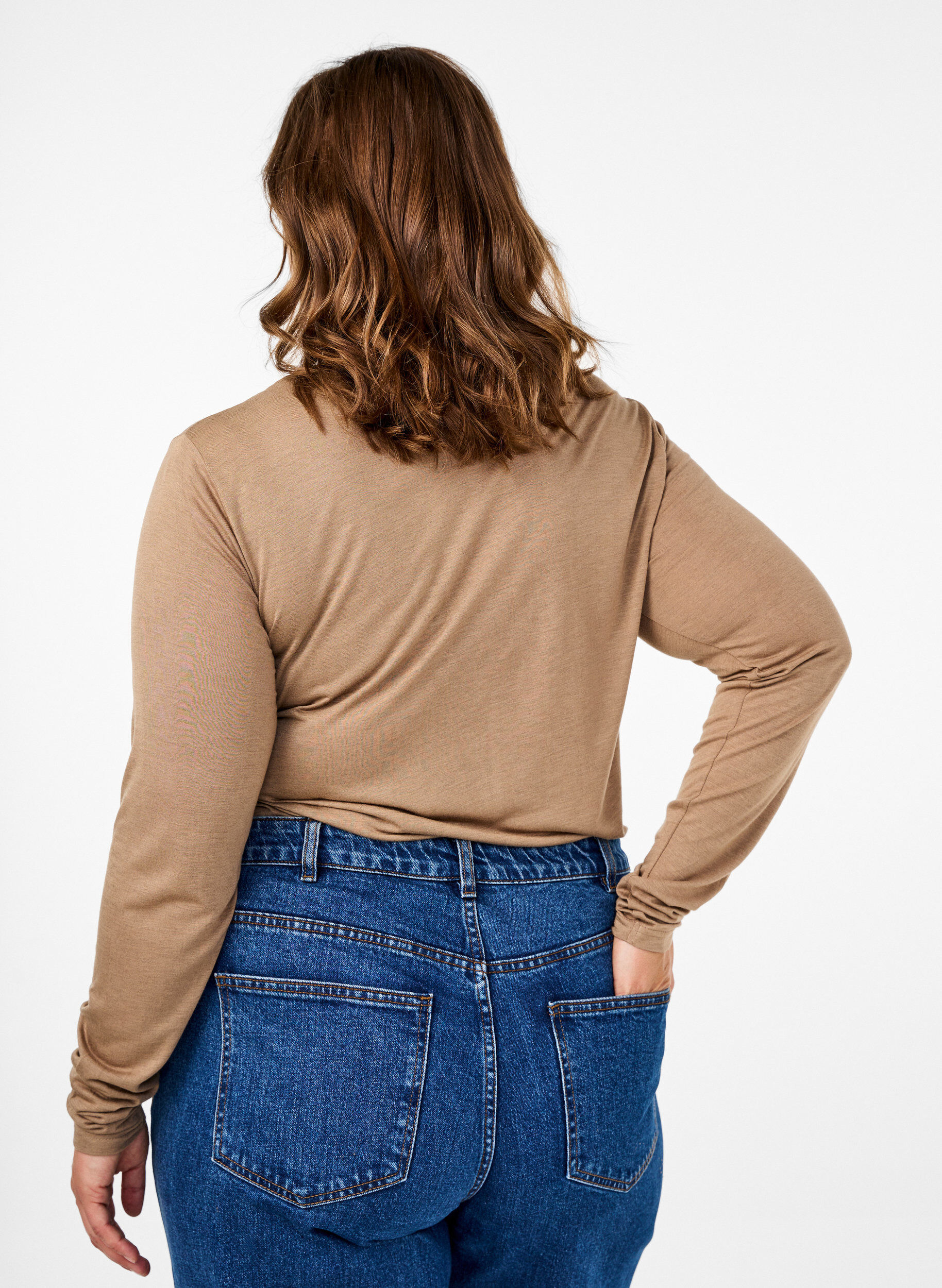 ZizziL&aring;ng&auml;rmad blus i ull och viskos, Brun, Model image number 2