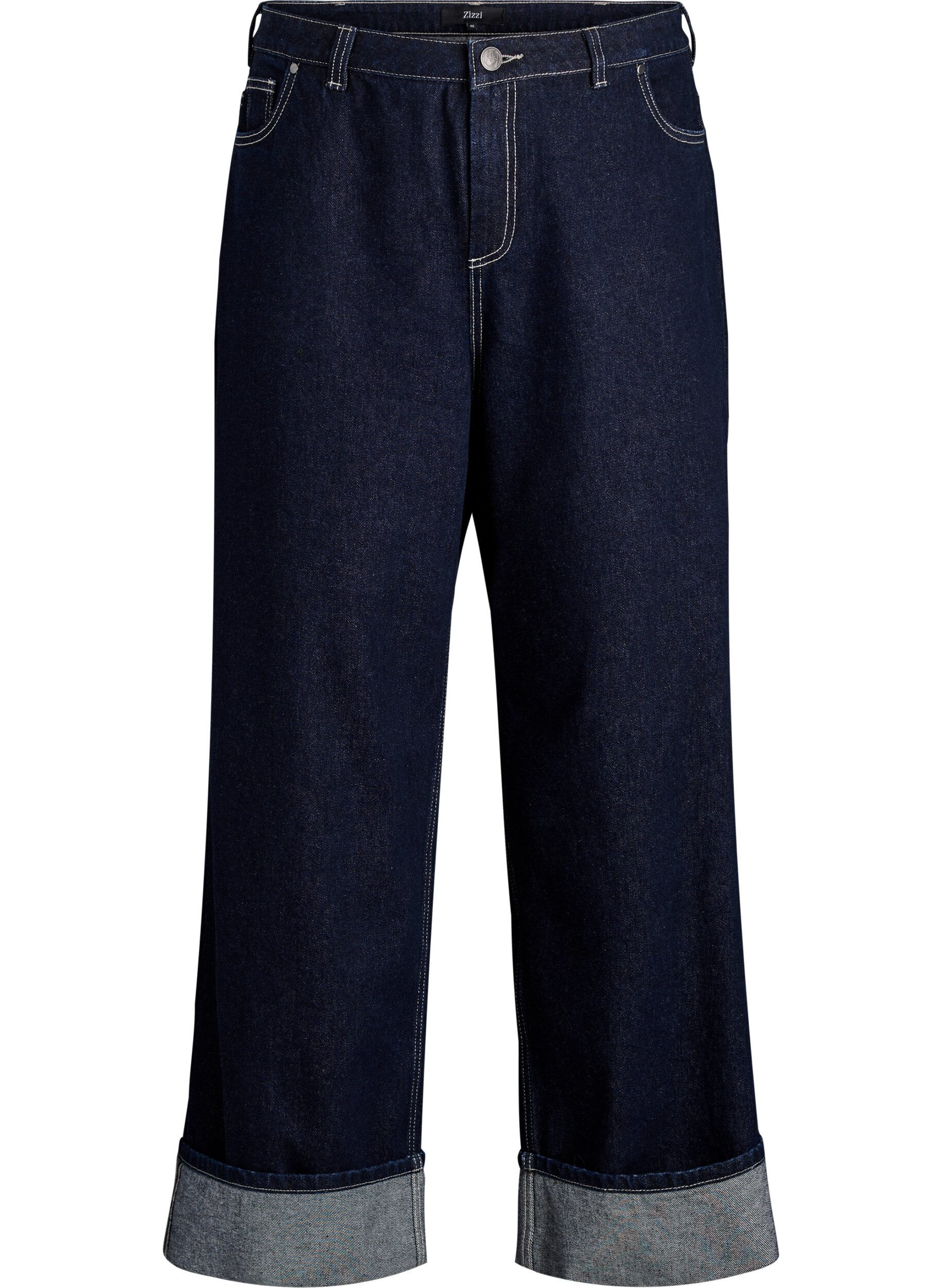 ZizziJeans i bred passform med breda uppvik och kontrasts&ouml;mmar, Bl&aring;, Packshot image number 0