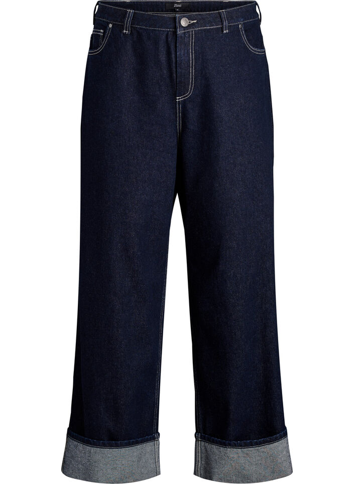 Jeans i bred passform med breda uppvik och kontrasts&ouml;mmar, Bl&aring;, Packshot image number 0