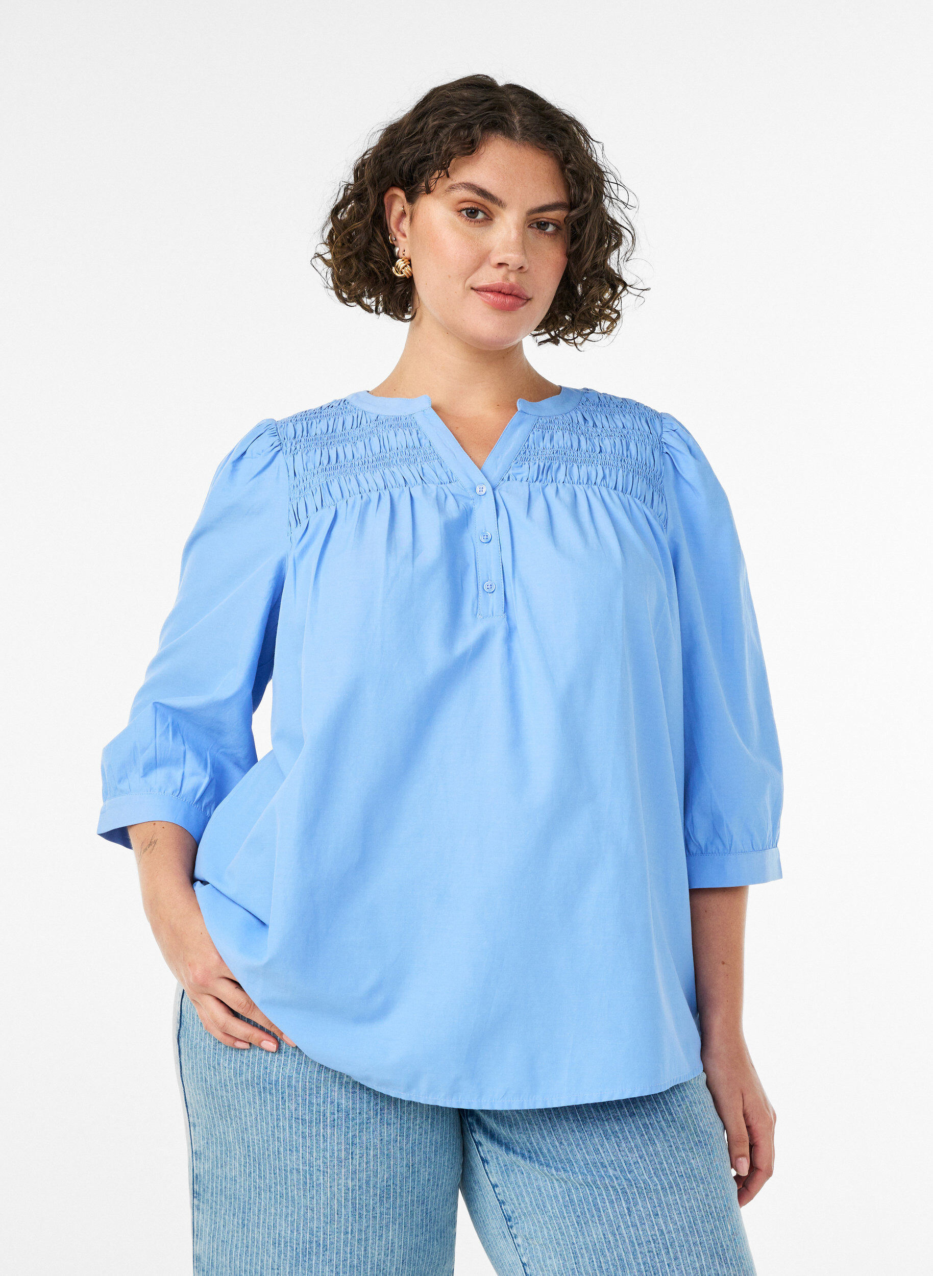 Blus med smock och 3/4-&auml;rmar, Bl&aring;, Model