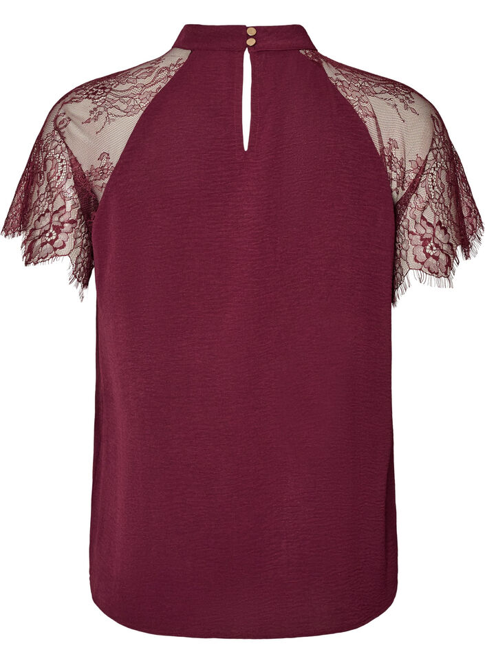 Blus med korta &auml;rmar i spets och h&ouml;g krage, R&ouml;d, Packshot image number 1