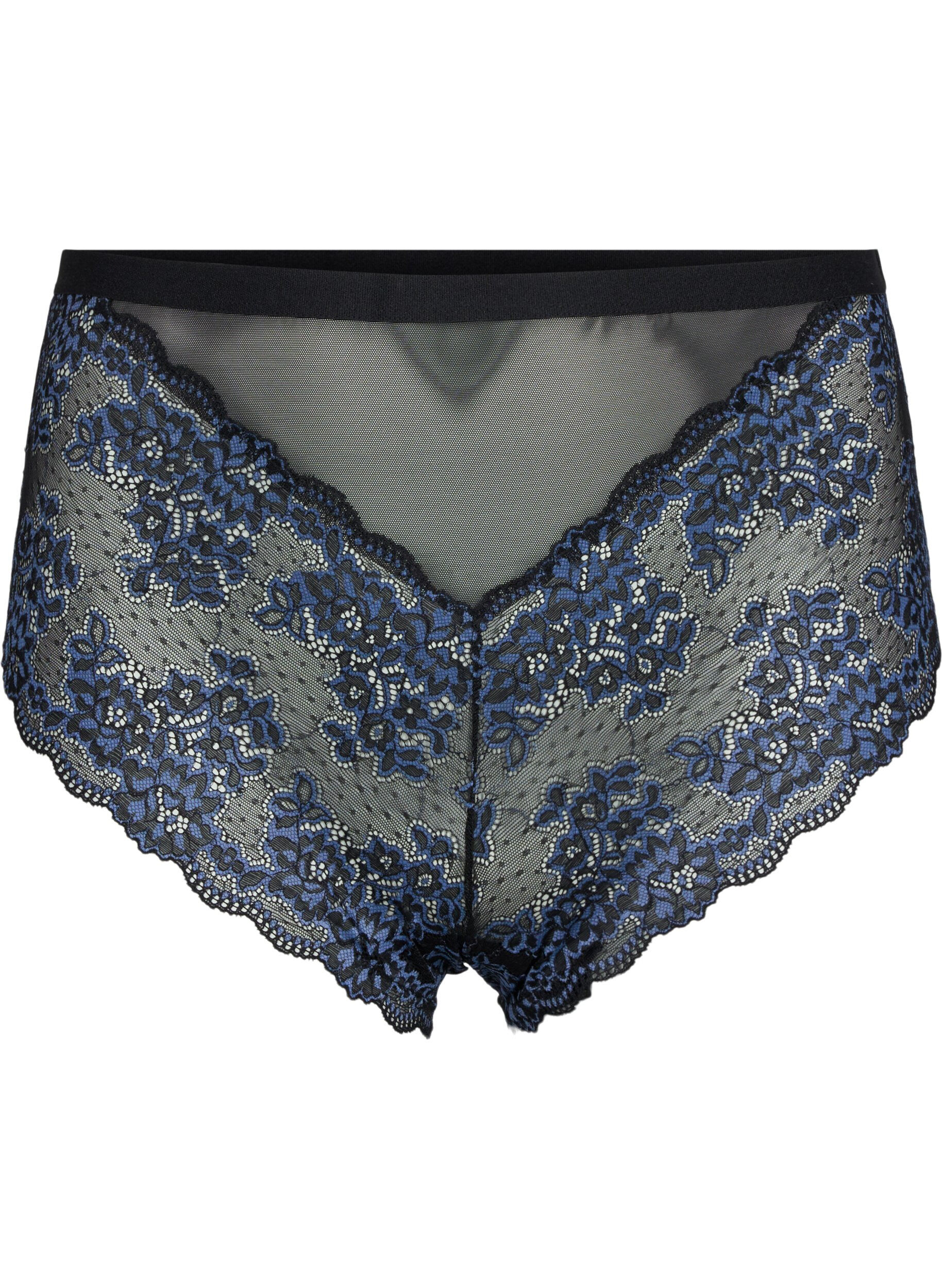 Zizzi Spetstrosa med h&ouml;g midja, Black w. blue lace, Packshot image number 0