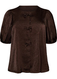 Blus i satin med rosetter och halvl&aring;nga &auml;rmar, Brun