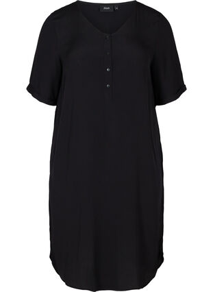 Kortärmad viskosklänning med knappar, Black, Packshot image number 0