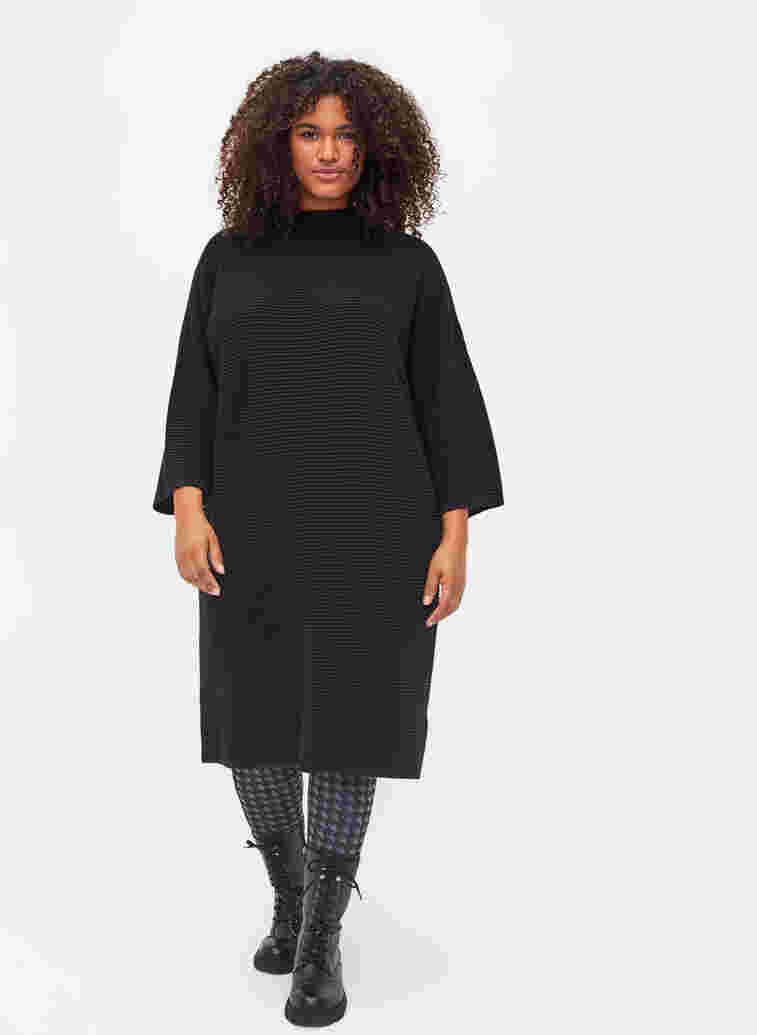 Stickad klänning med kort ärm, Black, Model image number 0