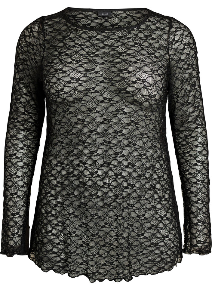 Blus i genomskinlig spets med l&aring;nga &auml;rmar, Svart, Packshot image number 0