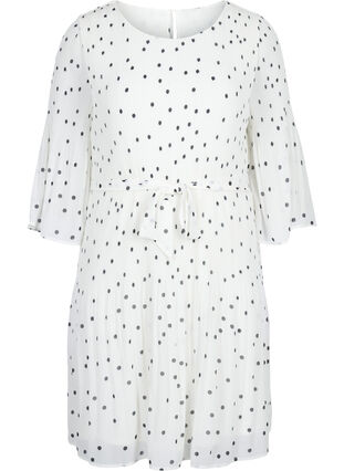 Mönstrad plisserad klänning med knytband, Bright White w. Dots, Packshot image number 0