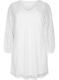 V-ringad klänning i spets med långa ärmar, Bright White