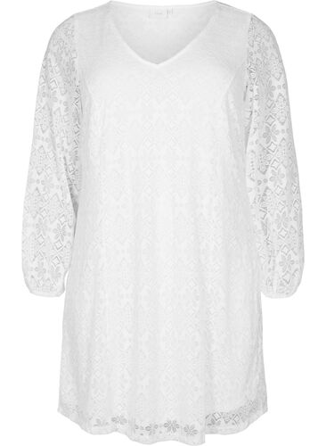 V-ringad klänning i spets med långa ärmar, Bright White, Packshot image number 0