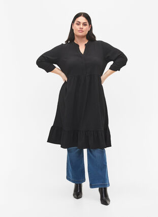 Enfärgad midiklänning med 3/4-ärmar, Black, Model image number 2