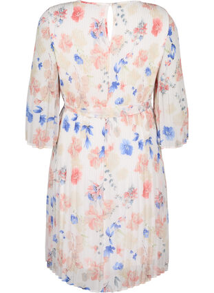 Mönstrad plisserad klänning med knytband, White/Blue Floral, Packshot image number 1