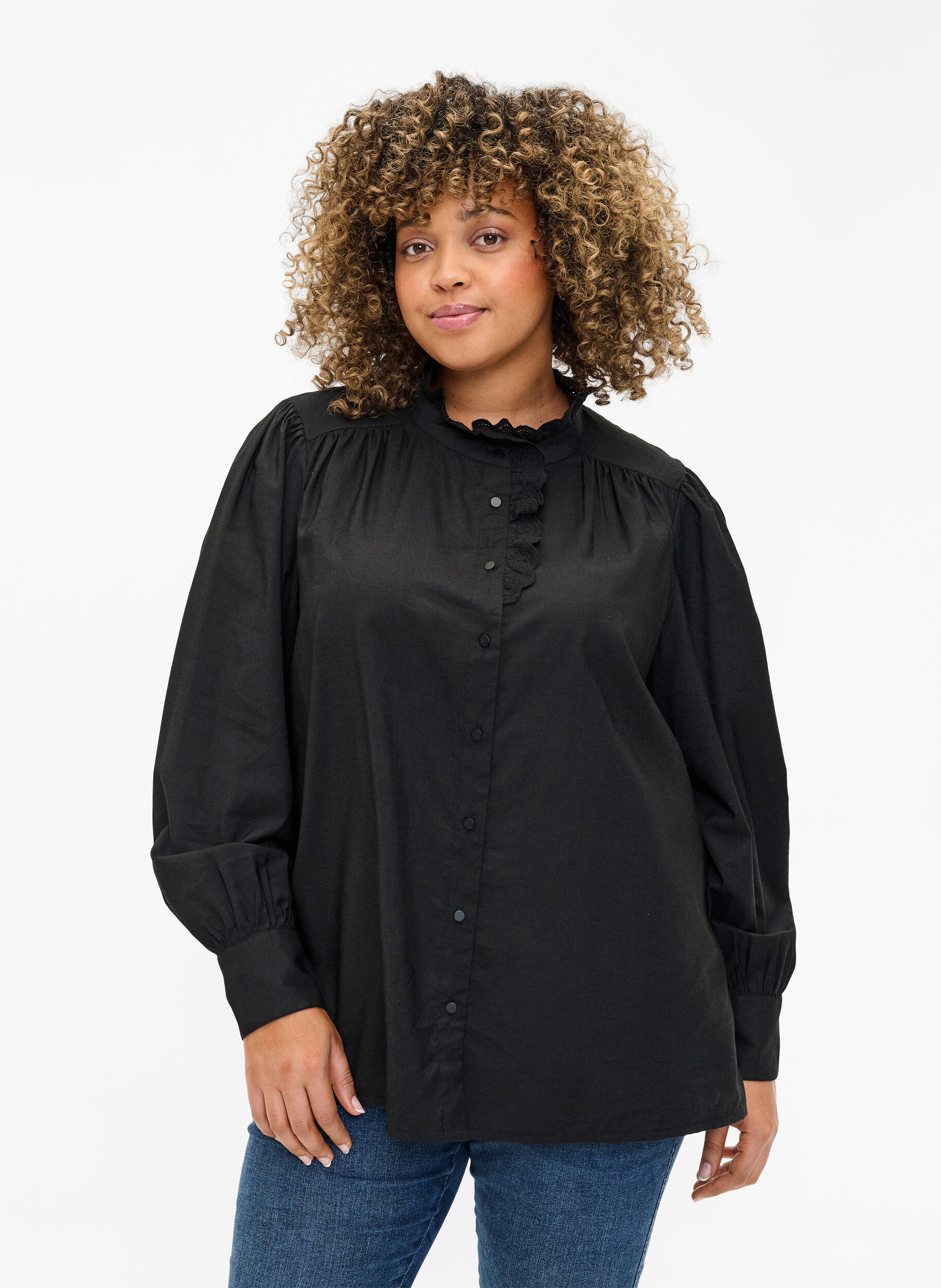 Zizzi Viskosshirt blus med ruffles, Black, Model image number 0