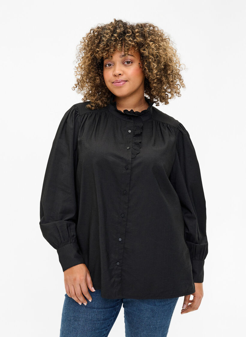 Viskosshirt blus med ruffles, Black, Model image number 0