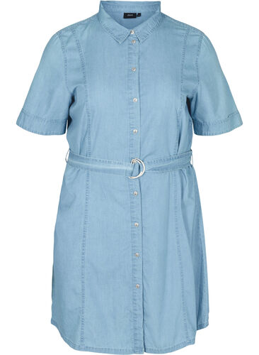 Kortärmad skjortklänning i denim med matchande bälte, Light blue denim, Packshot image number 0