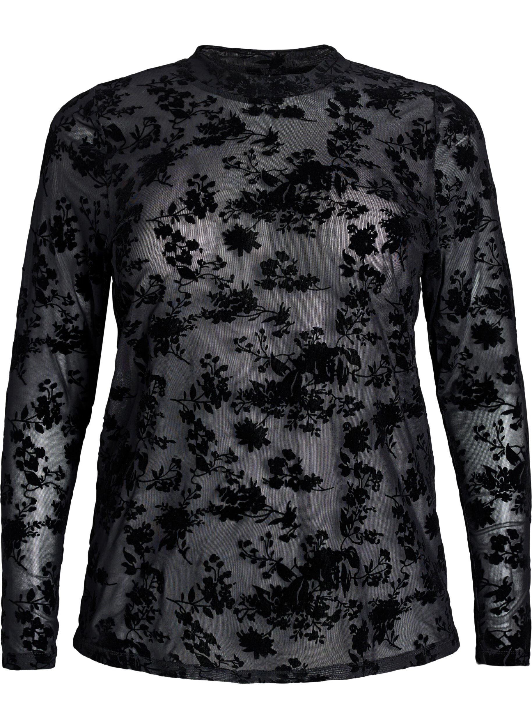 ZizziBlus i mesh med blommigt m&ouml;nster, Svart, Packshot image number 0