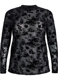 Blus i mesh med blommigt m&ouml;nster, Svart