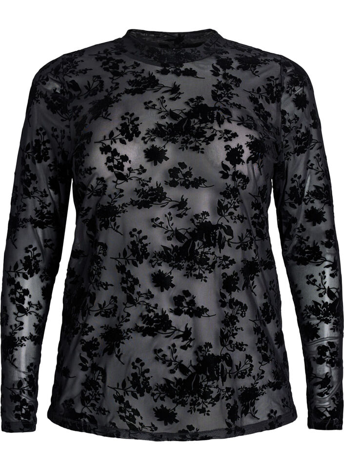 Blus i mesh med blommigt m&ouml;nster, Svart, Packshot image number 0