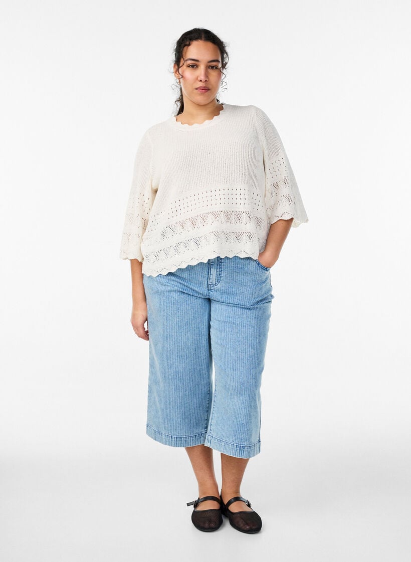 Stickad blus med broderi och halvl&aring;nga &auml;rmar, Vanilla, Model image number 1