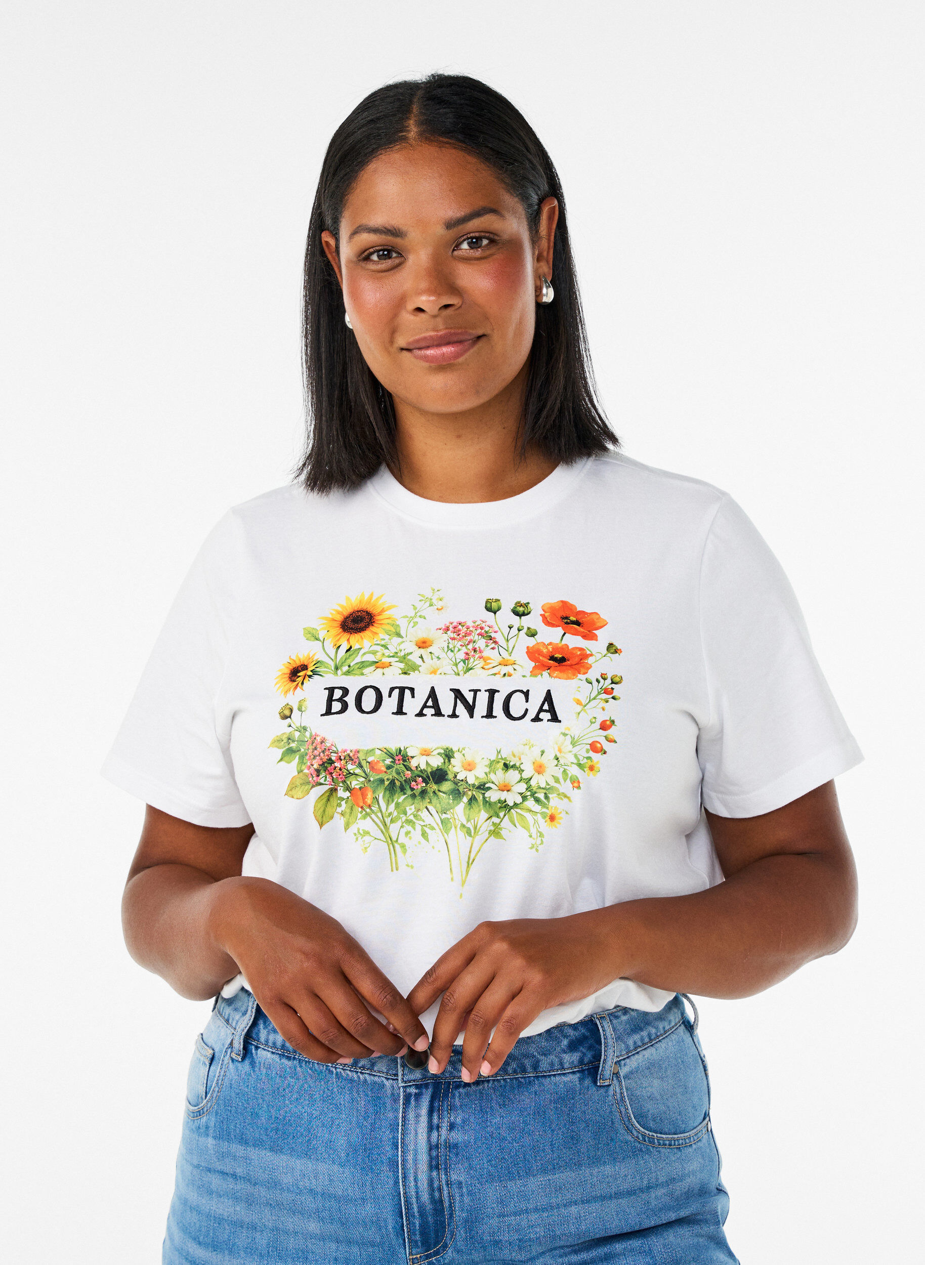 T-shirt i ekologisk bomull med tryck framtill, Vit, Model