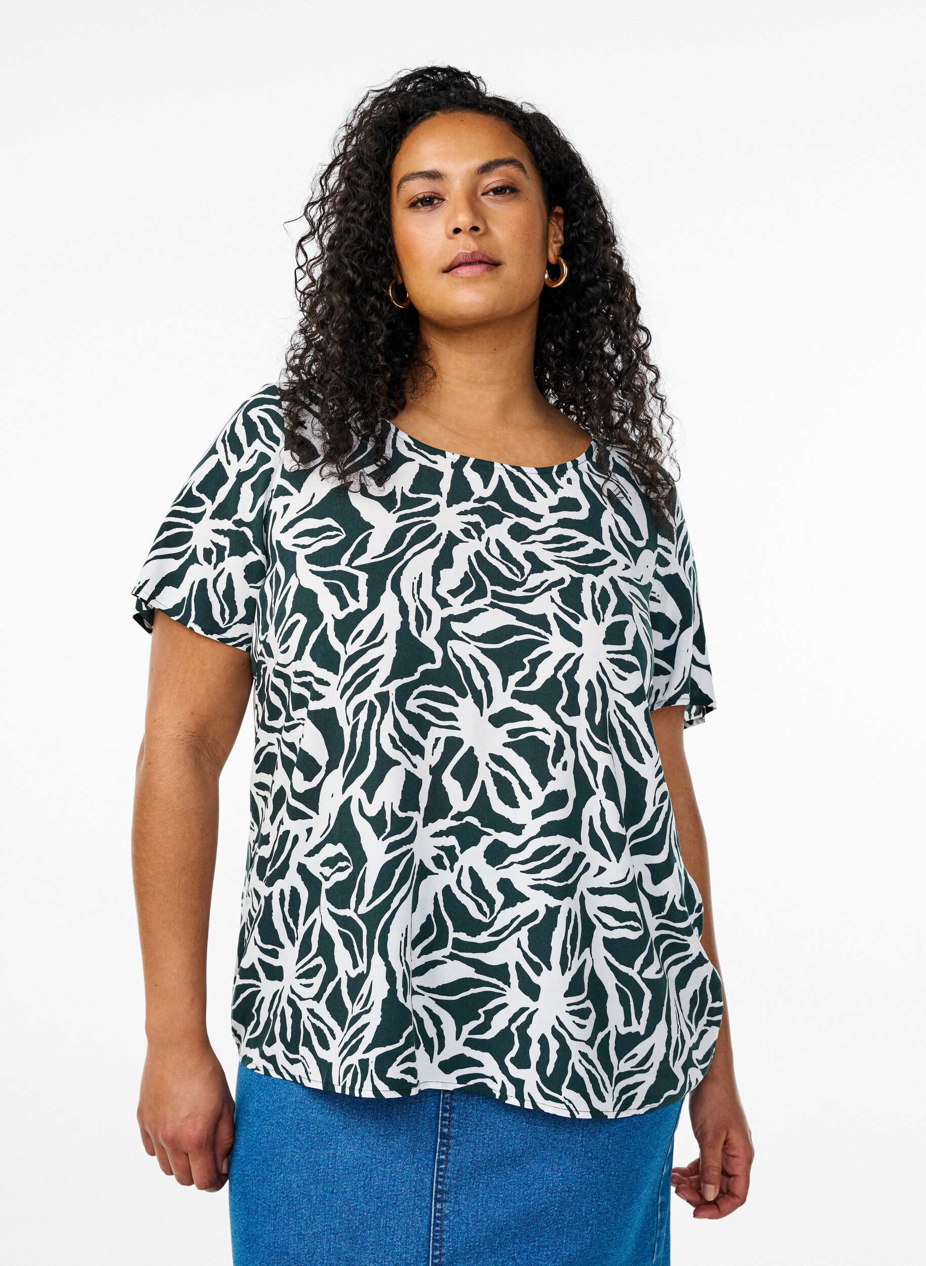 ZizziKort&auml;rmad viskosblus med tryck, Gr&ouml;n, Model image number 0