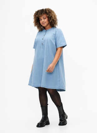 A-formad denimklänning med korta ärmar, Light blue denim, Model image number 2