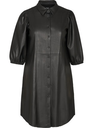 Klänning i fuskläder med 3/4 puffärmar, Black, Packshot image number 0