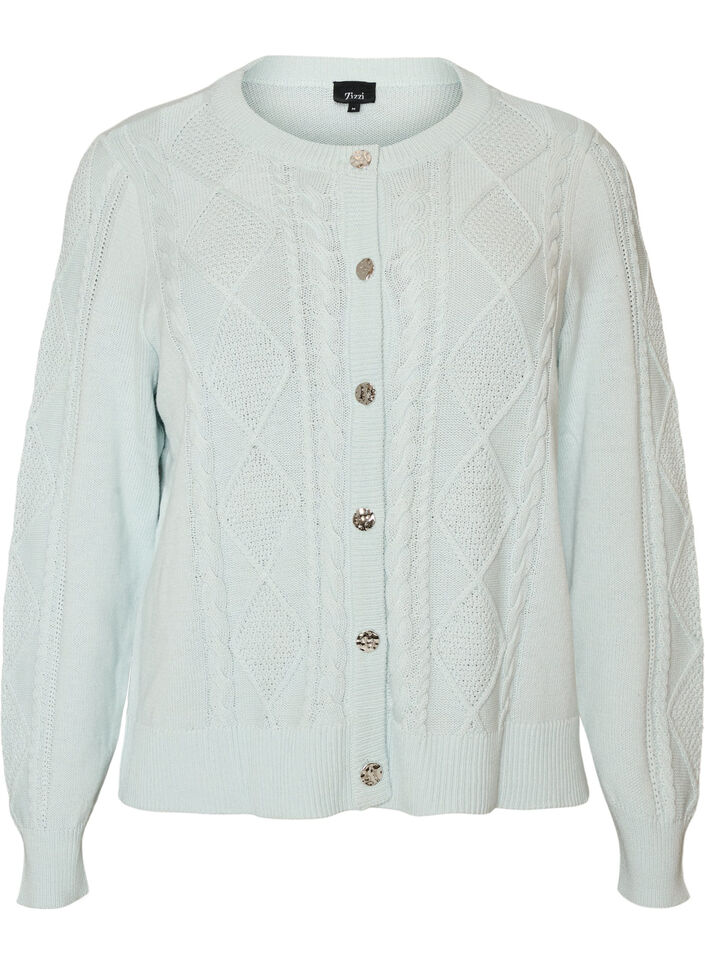 Kabelstickad cardigan med dekorativa knappar, Bl&aring;, Packshot image number 0