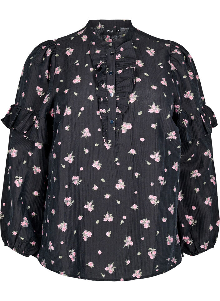 Blus i lyocell med blommönster, Svart, Packshot image number 0
