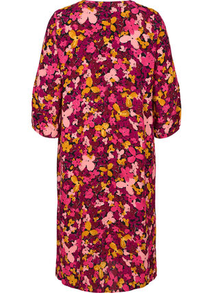 Blommig viskosklänning med 3/4 ärmar, Hot Pink Flower, Packshot image number 1