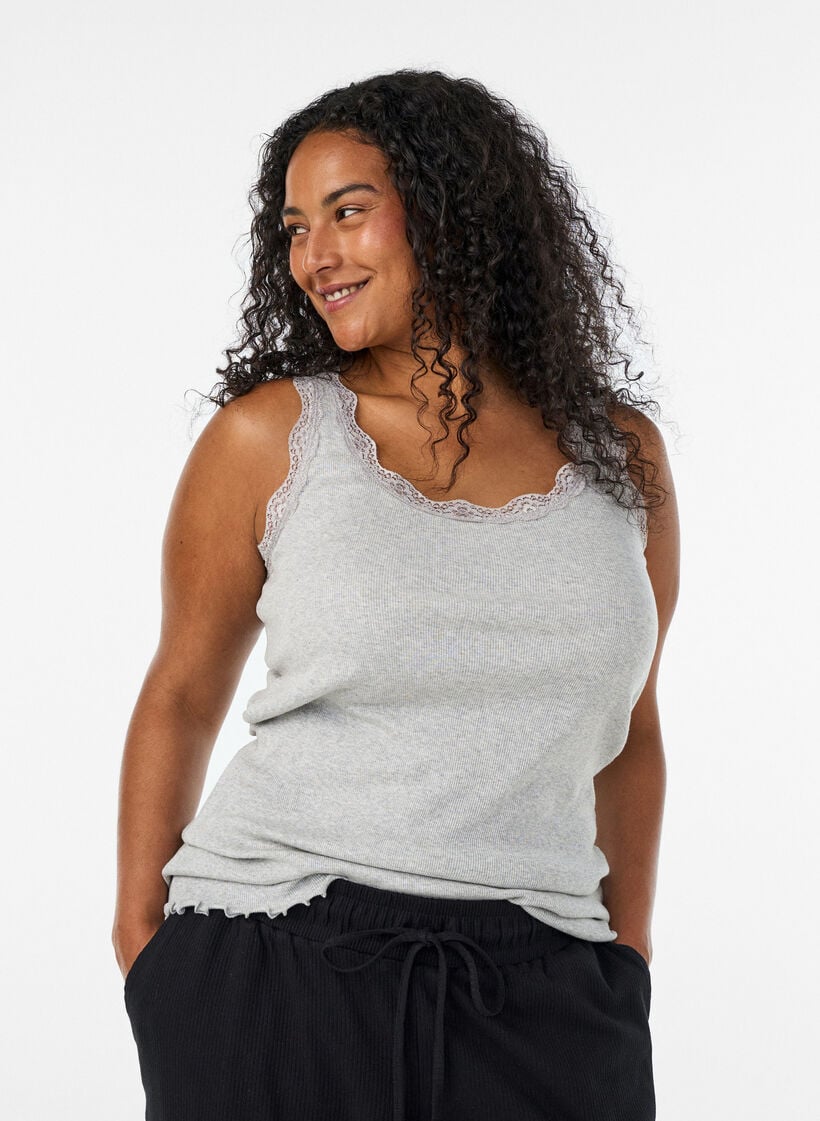 Ribbad topp med spetskant, Gr&aring;, Model image number 0