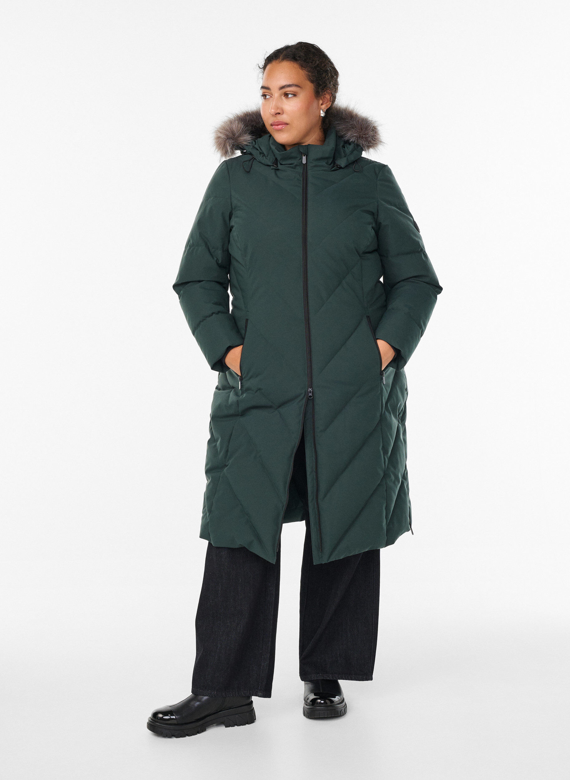 ZizziL&aring;ng vinterkappa med hyskkn&auml;ppning och krage i fuskp&auml;ls, Gr&ouml;n, Model image number 1